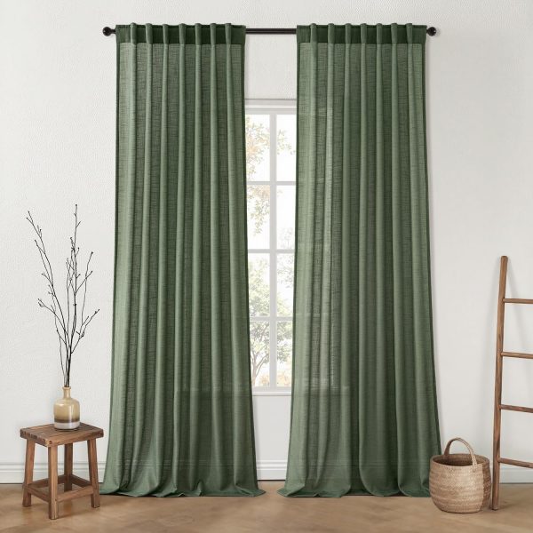 Olive Green Linen Boho Curtains 96 Inches Long 2 Panels for Bedroom Living Room, Back Tab & Pleat Tape with Hooks Thick Linen Textured Window Drapes Semi Sheer Light Filtering Aesthetic Decor - Image 2
