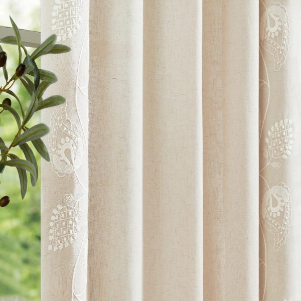 Linen Floral Curtains 90 Inch Long for Bedroom Living Room, Embroidered French Country Farmhouse Drapes Back Tab, Light Filtering  Boho Window Curtains, Ivory on Taupe, 2 Panels