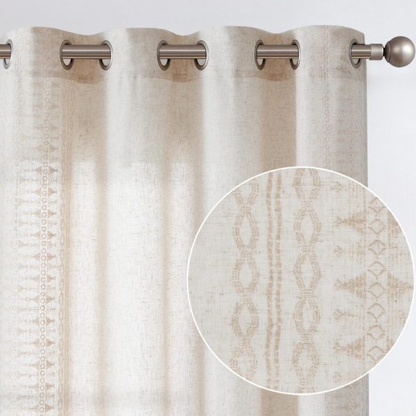 Boho Curtains Ivory Linen Blend Embroidered Bordered Curtains for Bedroom Living Room Drapes 63 Inch Length Light Filtering Grommet Window Treatment 2 Panels Ivory on Beige