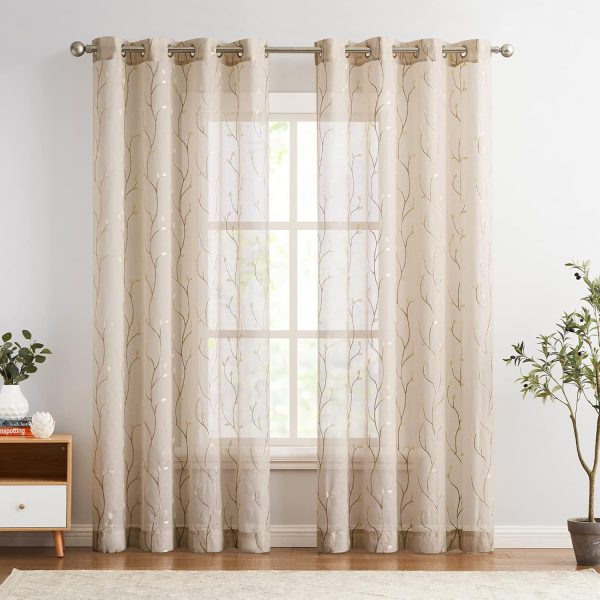 Beige Boho Sheer Linen Curtains for Bedroom 84 Inch Length Floral Embroidered Semi Sheer Privacy Drapes for Living Room Embroidery Voile Transparent Grommet Window Treatments 2 Panels - Image 2