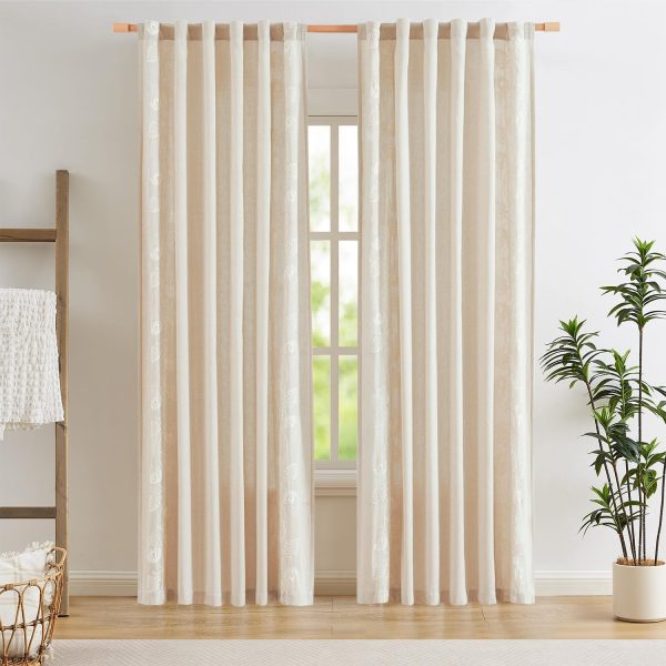 Linen Floral Curtains 90 Inch Long for Bedroom Living Room, Embroidered French Country Farmhouse Drapes Back Tab, Light Filtering  Boho Window Curtains, Ivory on Taupe, 2 Panels - Image 2