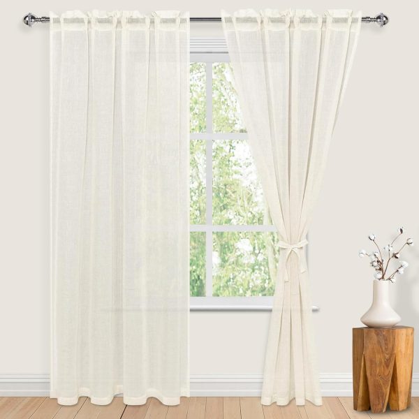 Linen Sheer Curtains 84 inch Length 2 Panels Set with Tiebacks, Rod Pocket Privacy Light Filtering Textured Semi Sheer Drapes for Living Room/Bedroom，W 52 x L 84, Natural