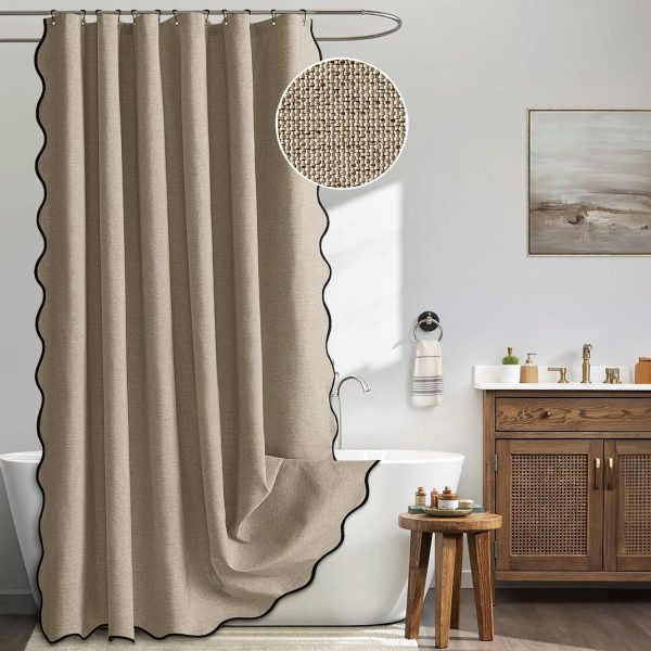 Khaki Scalloped Shower Curtain Linen Textured with 12 Metal Hooks Cute Heavy Duty Washable Waterproof Thick Cloth Shower Curtains with Black Border for Bathroom Hotel Bathtub,W72*L72