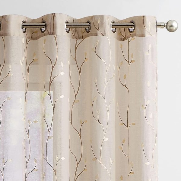 Beige Boho Sheer Linen Curtains for Bedroom 84 Inch Length Floral Embroidered Semi Sheer Privacy Drapes for Living Room Embroidery Voile Transparent Grommet Window Treatments 2 Panels