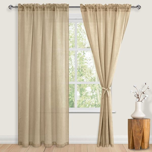 Burlap Linen Sheer Curtains 84 inch Length 2 Panels Set with Tiebacks, Rod Pocket Privacy Light Filtering Textured Semi Sheer Drapes for Living Room/Bedroom, W 52 x L 84