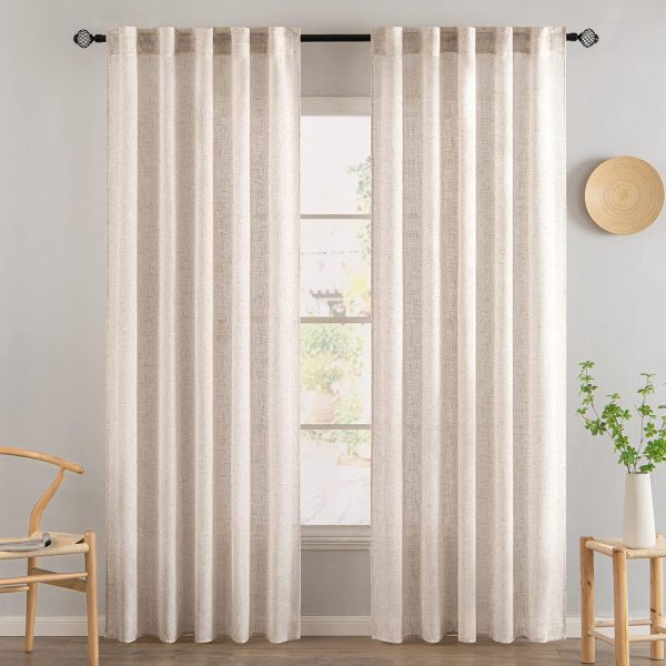 Natural White Linen Curtains 84 Inch Long for Bedroom Living Room, Soft Thick Linen Textured Window Drapes Semi Sheer Light Filtering Rod Pocket Back Tab Neutral Farmhouse Cream Ivory 2 Panels - Image 2