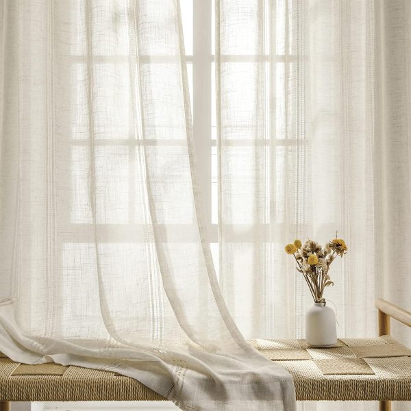 Linen Sheer Curtain 84 inches Length, Rod Pocket Semi Sheer Privacy Light Filtering Window Treamtment for Bedroom/Living Room, 2 Panels,52" Width,Natural