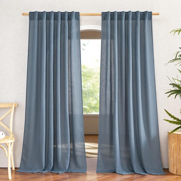 Stone Blue Linen Blend Curtains for Living Room, Rod Pocket & Back Tab Flax Linen Burlap Semi Sheer Privacy with Light Filtering Window Treatments for Bedroom, W52 x L90, 2 Panels