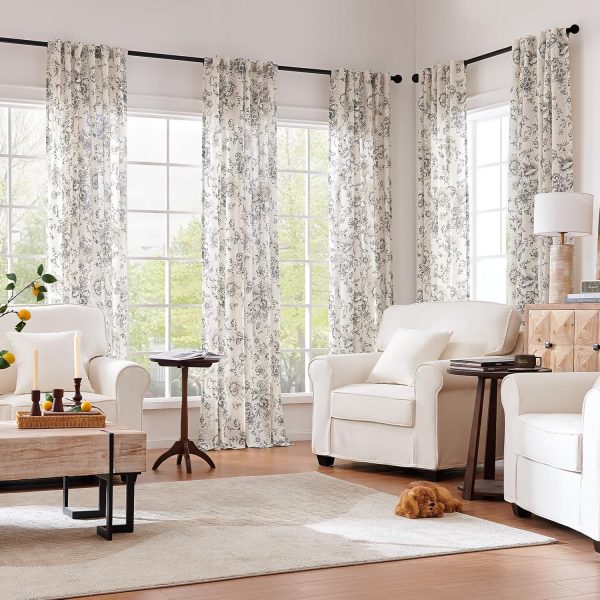 Linen Blend Curtain Floral Curtains for Living Room 84 Inch Length Black Printed Curtains Rod Pocket Back Tab Farmhouse Peony Flower Patterned Drapes Bedroom Window Curtain Set 2 Panels - Image 2
