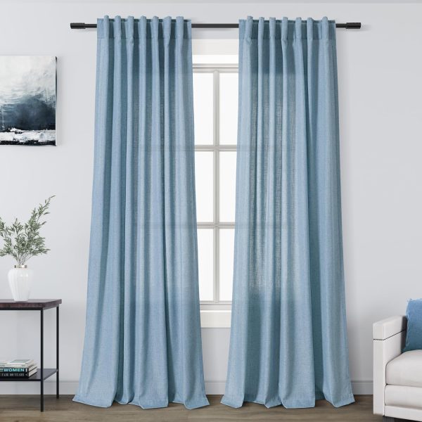 Blue Semi Sheer Linen Curtains 84 inch Length for Living Room Back Tab Modern Farmhouse Coastal Decor Stone Dusty Blue Cotton Textured Gauze Curtains for Dining Room Bedroom Blue Grey