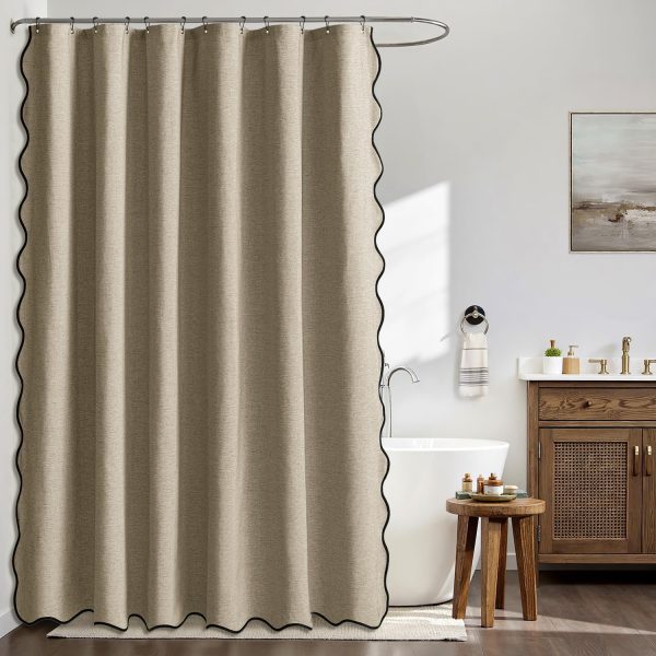 Khaki Scalloped Shower Curtain Linen Textured with 12 Metal Hooks Cute Heavy Duty Washable Waterproof Thick Cloth Shower Curtains with Black Border for Bathroom Hotel Bathtub,W72*L72 - Image 2