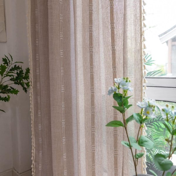 Linen Curtains 84 Inches Long - Embroidery Striped Farmhouse for Living Room, Tassel Boho for Bedroom, Light Filtering 2 Panels Set Rod Pocket Drapes (52" W x 84" L, Khaki) - Image 2