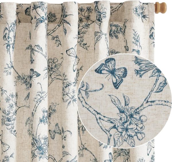 Blue Floral Curtains 84 Inch Length Linen Farmhouse Back Tab Drapes for Living Room Bedroom Light Filtering Vintage Rod Pocket, 2 Panels, Blue on Beige