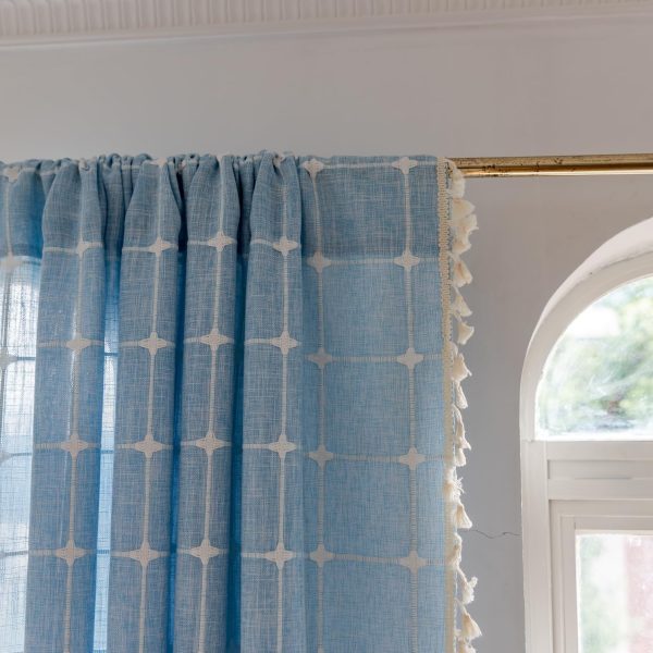 Blue Boho Curtain 84 Inches Long for Kid Boy's Bedroom Nursery Room, Cotton Linen Lattice Plaids Embroidery Semi Blackout Bohemian Window Treatment Grids Drape Tassels, 1 Panel W52 x L84