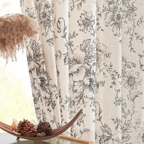 Linen Blend Curtain Floral Curtains for Living Room 84 Inch Length Black Printed Curtains Rod Pocket Back Tab Farmhouse Peony Flower Patterned Drapes Bedroom Window Curtain Set 2 Panels