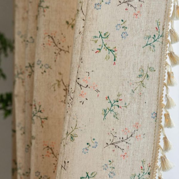 Floral Bedroom Curtains 84 Inch Length 2 Panels Set Farmhouse Semi Sheer Living Room Drapes Cotton Linen Blend Bohemian Window Curtain Panels with Tassel Beige Rod Pocket Drapes