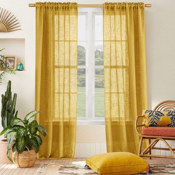 Mustard Yellow Sheer Curtains 84 Inches Long for Spring Living Room,Vintage Semi Light Filtering Linen Textured Boho Curtains 2 Panels Set for Bedroom 7FT Length