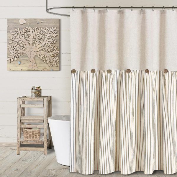 Linen Button Farmhouse Beige Shower Curtain,Linen and Cotton Woven Fabric,Pleated Beige Stripe,Country Style,72x72 Inch