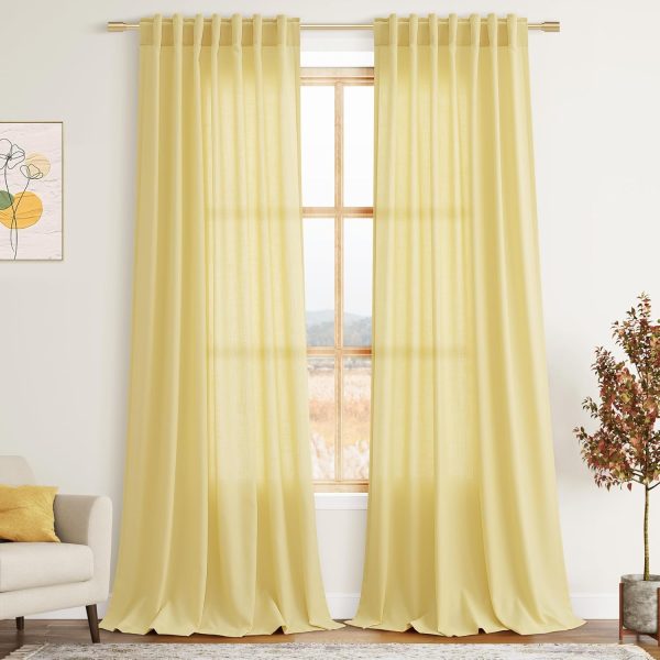 Yellow Boho Curtains for Bedroom Back Tab Rod Pocket Semi Sheer Linen Curtains 90 Inches Long 2 Panel Set Light Filtering Neutral Farmhouse Lightweight Drapes for Living Room 52x90
