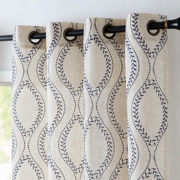 Boho Linen Blend Curtains Beige Farmhouse Curtains 96 Inches Long Blue Embroidered Leaf Living Room Ogee Geometry Drapes Light Filtering Grommet Country Drapes 2 Panels Blue on Flax