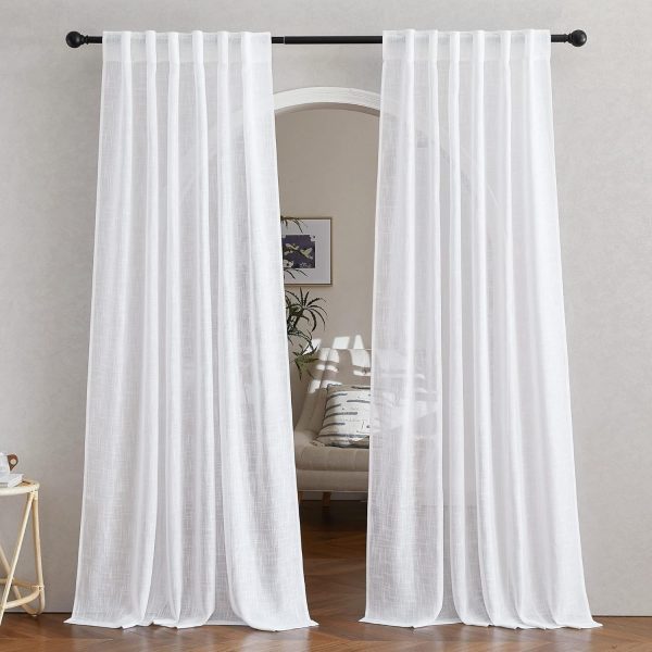 White Linen Sheer Curtains 90" Length, Rod Pocket & Back Tab Window Treatments Semi Sheer Curtain Drapes Privacy with Light Through for Living Room/Bedroom, 104 inch Length Total 2 Panels