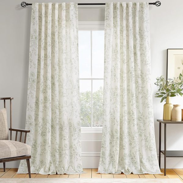 Green Floral Curtains 84 inch Length Back Tab Farmhouser Living Room Light Filtering Curtains Green Pattern Print on Cream White Linen Curtain Minimalist Aesthetic Sketch Style Vintage Room Decor