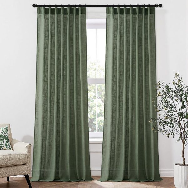 Olive Green Linen Boho Curtains 96 Inches Long 2 Panels for Bedroom Living Room, Back Tab & Pleat Tape with Hooks Thick Linen Textured Window Drapes Semi Sheer Light Filtering Aesthetic Decor