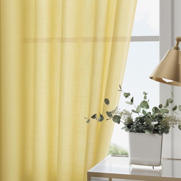 Yellow Boho Curtains for Bedroom Back Tab Rod Pocket Semi Sheer Linen Curtains 90 Inches Long 2 Panel Set Light Filtering Neutral Farmhouse Lightweight Drapes for Living Room 52x90