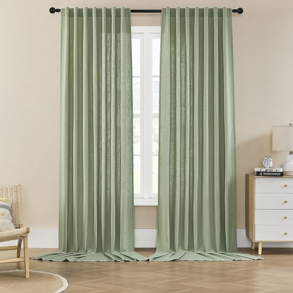 Linen Curtains 108 Inches Long Sage Green Drapes Set of 2 Farmhouse Curtains for Bedroom Light Filtering Drapes for Living Room(108" L x 52" W, Sage Green) - Image 2