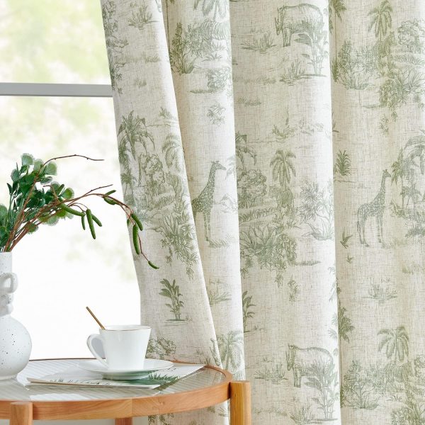 Linen Toile Curtains 96 Inches Long for Living Room  Floral Printed Farmhouse French Country Curtains Grommet Top Light Filtering Window Drapes for Bedroom 2 Panels Green on Beige