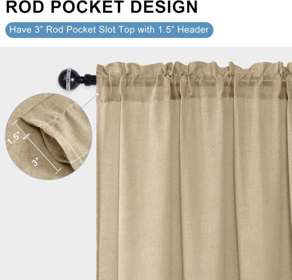 Burlap Linen Sheer Curtains 84 inch Length 2 Panels Set with Tiebacks, Rod Pocket Privacy Light Filtering Textured Semi Sheer Drapes for Living Room/Bedroom, W 52 x L 84 - Image 2