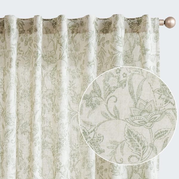 Linen Curtains Farmhouse Green Floral Print Curtains 84 Inches Long Back Tab Drapes for Living Room Bedroom Semi Sheer Patterned Country Vintage Curtains 2 Panels Set Rod Pocket Green on Beige
