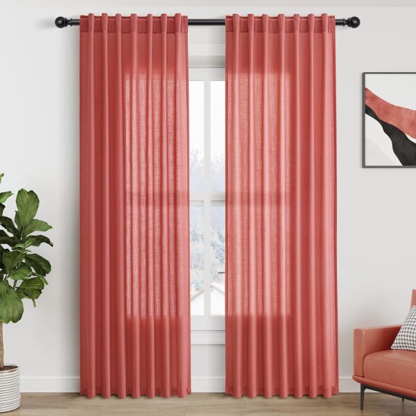Brick Red Linen Blend Drapes 84 Inch Length 2 Panels Set Back Tab Rod Pocket Light Filtering Privacy Semi Sheer Textured Curtains Neutral Farmhouse Decor Curtains for Living Room Bedroom 52x84