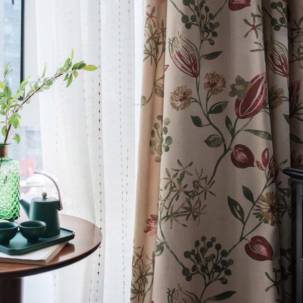 Red Floral Curtains Linen Textured for Living Room Patterned Green Jacobean Farmhouse 84 inches Long 2 Panels Light Filtering Window Drapes for Bedroom