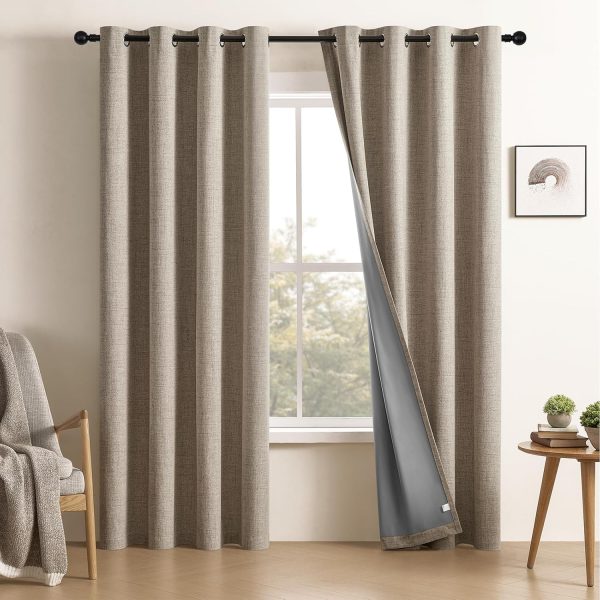 100% Blackout Window Curtains 84 inches Long 2 Panels Set, Faux Linen Look Thermal Insulated Grommet Drapes, Room Darkening Curtain for Bedroom Living Room(W52 x L84 Inch, Light Khaki)