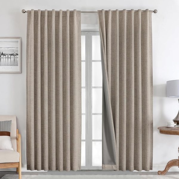 Natural Linen Curtains 84 inch Length 2 Panels Set Burg 100% Blackout Long Drapes for Bedroom Living Room Black Out Darkening Curtain Thermal Insulated Back tab Rod Pocket(52x84 inch,Linen)