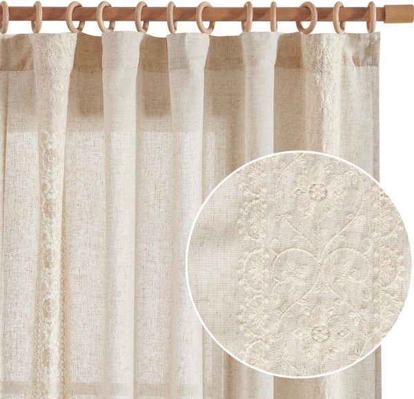 Boho Curtains for Bedroom Ivory Vintage Floral Farmhouse Curtains 84 Inches Long Linen Blend Drapes for Living Room Embroidered Light Filtering Drapes Rod Pocket Ivory on Beige 2 Panels