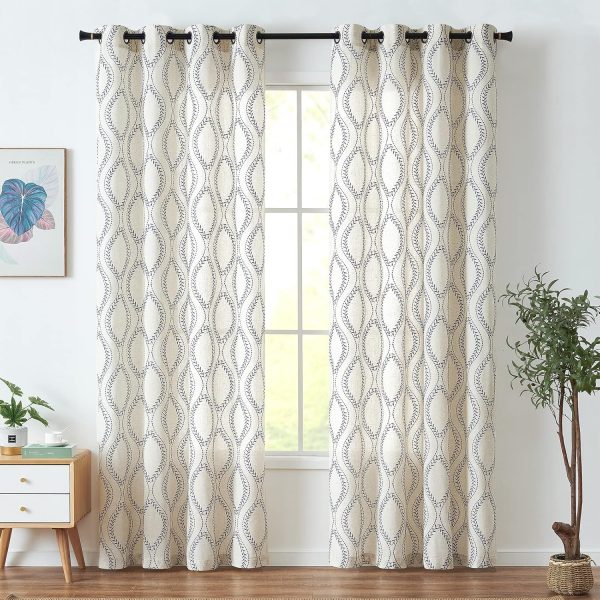 Boho Linen Blend Curtains Beige Farmhouse Curtains 96 Inches Long Blue Embroidered Leaf Living Room Ogee Geometry Drapes Light Filtering Grommet Country Drapes 2 Panels Blue on Flax - Image 2