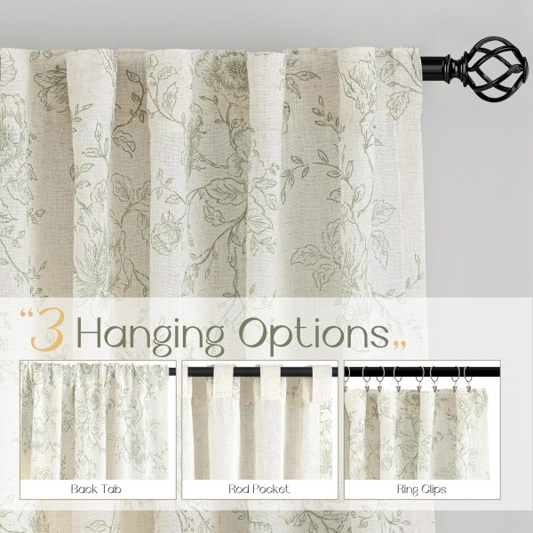 Green Floral Curtains 84 inch Length Back Tab Farmhouser Living Room Light Filtering Curtains Green Pattern Print on Cream White Linen Curtain Minimalist Aesthetic Sketch Style Vintage Room Decor