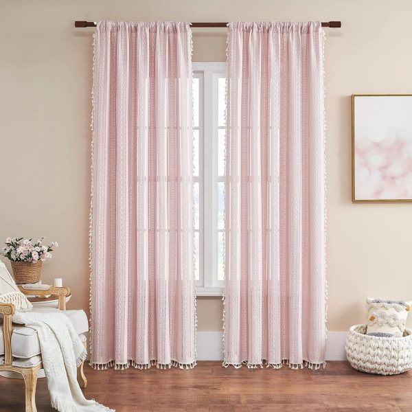 Linen Boho Curtains Cute Embroidered Pink Curtains for Girls Bedroom Nursery Room 84 Inches Long 2 Panels Light filtering Farmhouse Curtains for Living Room Rod Pocket Drapes (52" W x 84" L,Pink) - Image 2