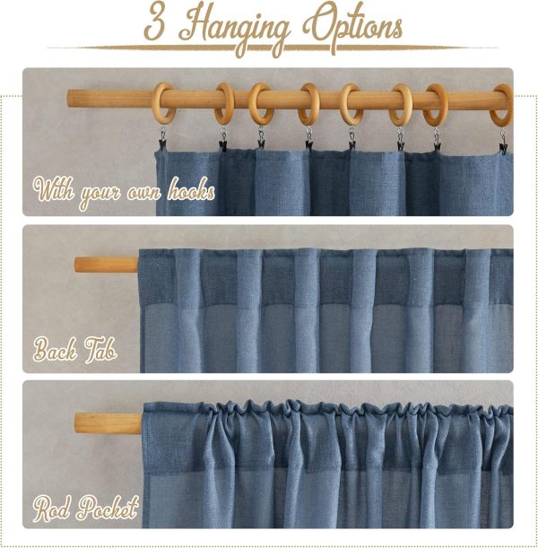 Stone Blue Linen Blend Curtains for Living Room, Rod Pocket & Back Tab Flax Linen Burlap Semi Sheer Privacy with Light Filtering Window Treatments for Bedroom, W52 x L90, 2 Panels - Image 2