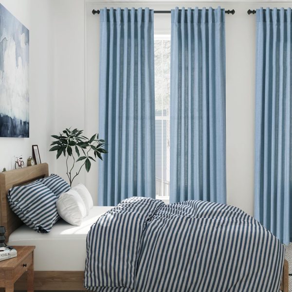 Blue Semi Sheer Linen Curtains 84 inch Length for Living Room Back Tab Modern Farmhouse Coastal Decor Stone Dusty Blue Cotton Textured Gauze Curtains for Dining Room Bedroom Blue Grey - Image 2