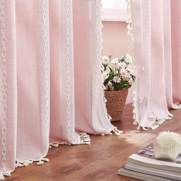 Linen Boho Curtains Cute Embroidered Pink Curtains for Girls Bedroom Nursery Room 84 Inches Long 2 Panels Light filtering Farmhouse Curtains for Living Room Rod Pocket Drapes (52" W x 84" L,Pink)